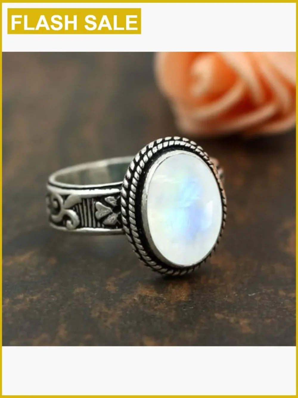 Oval Moonstone Gemstone Solitaire Statement Ring, 925 Silver Overlay